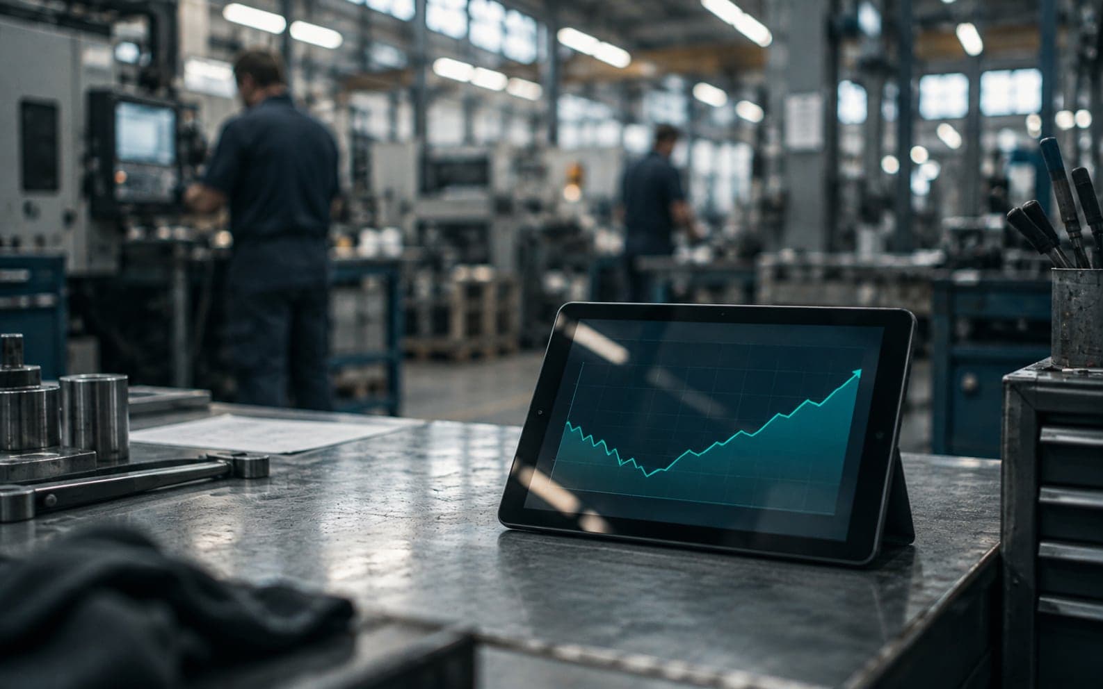 Tablet auf einer Werkbank zeigt eine Kurve, die nach einem Tief wieder steigt