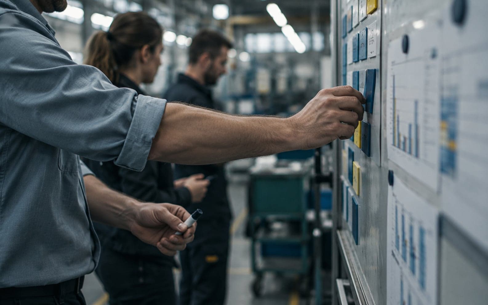 Hand heftet eine Maßnahmenkarte an ein Planungsboard in der Produktionshalle