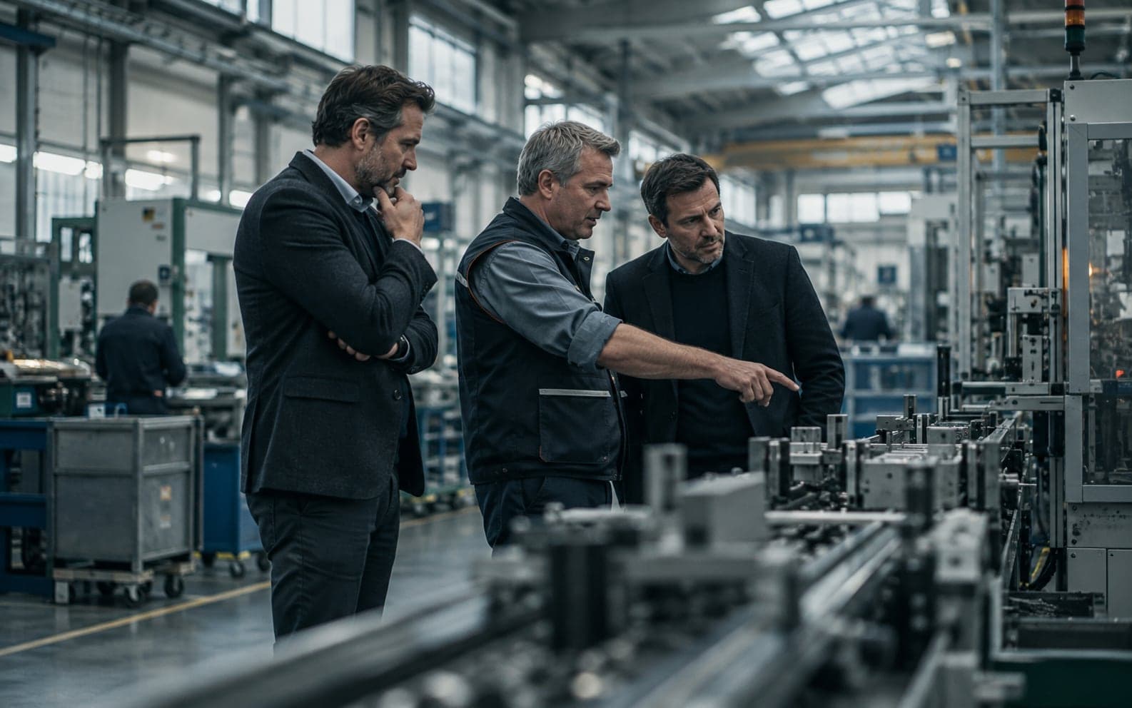 Zwei Berater und ein Werksleiter im Gespräch an einer laufenden Produktionslinie