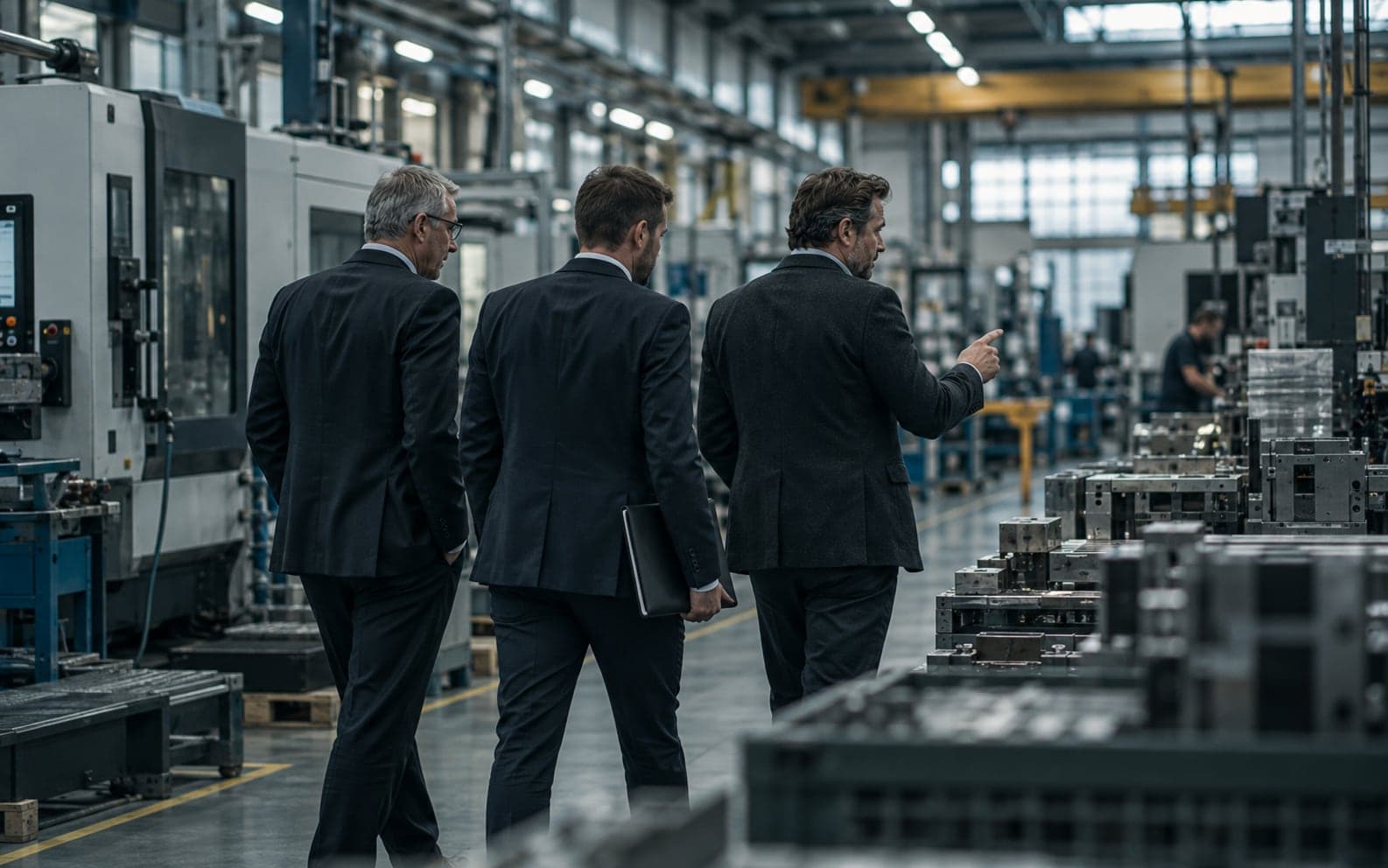 Bankvertreter und Berater gehen gemeinsam durch eine Produktionshalle